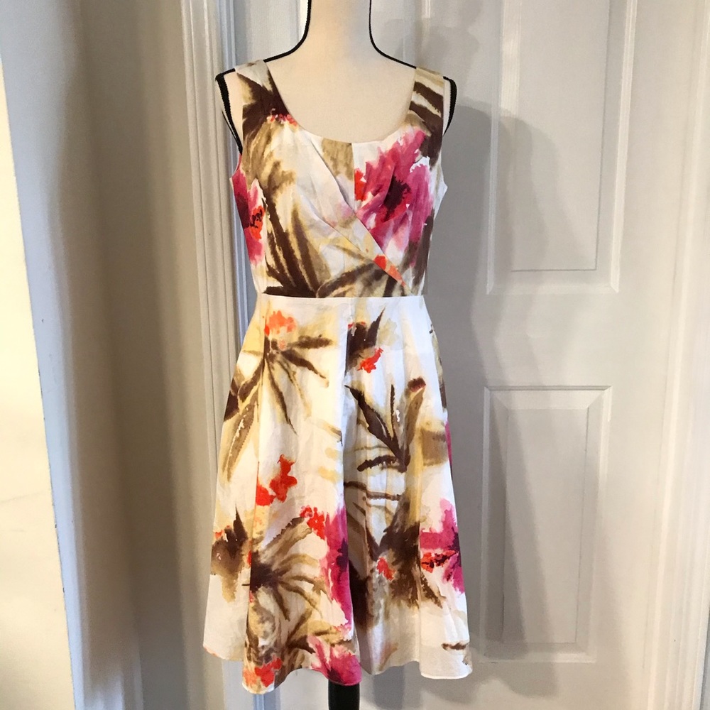 Talbots Pink & Brown Floral A-Line Dress 8 Petite